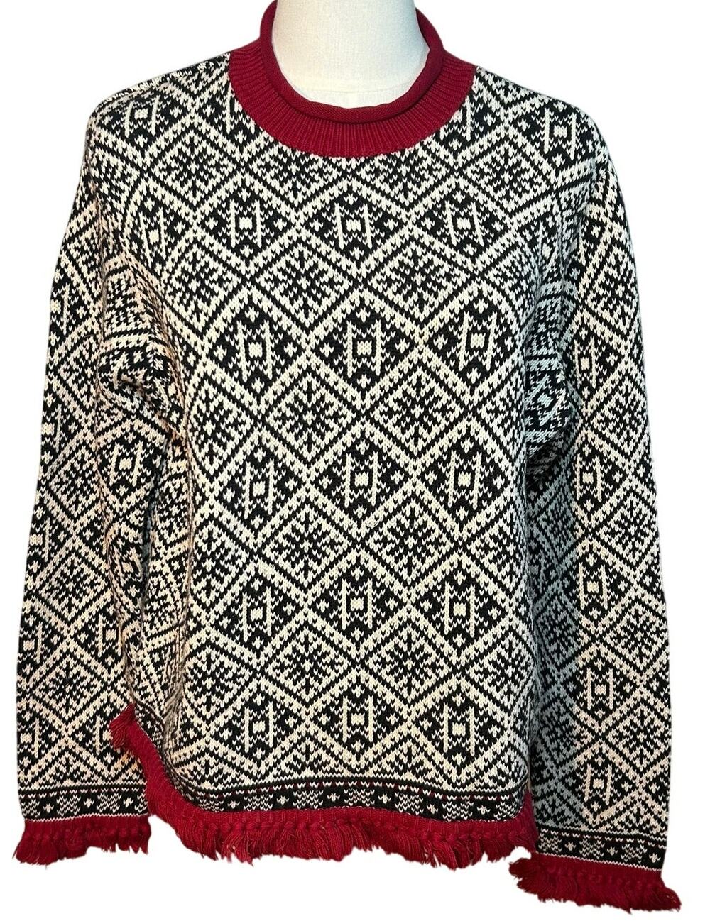 VTG 90s Talbots Large Winter Chalet Snowflake Fringe Knit Pullover Sweater Luxe